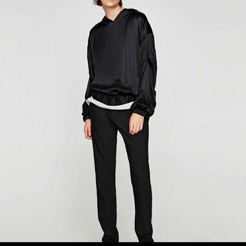 Zara Black Satin Ruched Hoodie